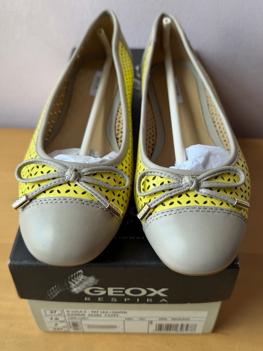 GEOX RESPIRA LOLA BALLERINA FLATS SHOES LIME PATENT GREY NAPPA LEATHER BRAND NEW